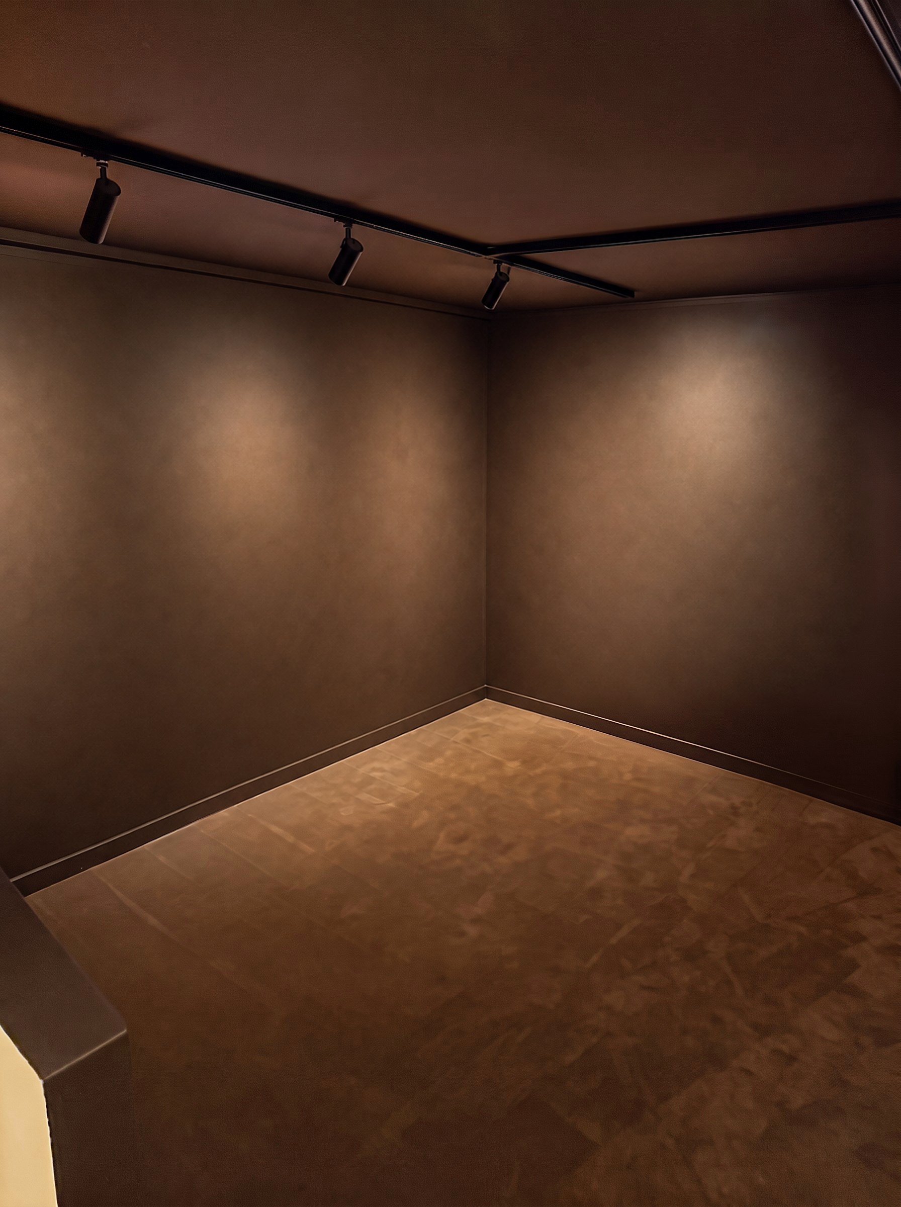 The lower-level exhibition space, without artworks
