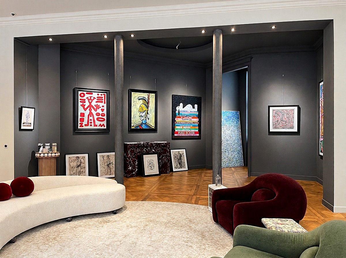 The spacious back room with its curved sofas, columns and marble fireplace, with artworks